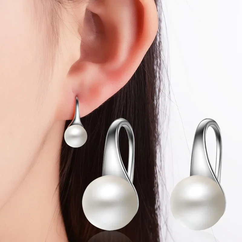 Elegant 925 Silver Needle Big Clear Freshwater Pearl Earrings Round Sterling Pearl Earrings Jewelry Classic Earrings for Women