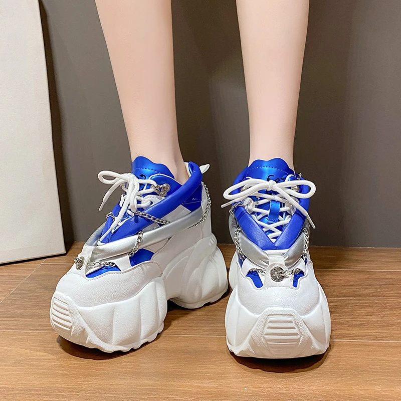 Spring New hick Sole Casual Dad Shoes Breathable Leather Chunky Sneakers Lace-up 10CM High Platform Sports Shoes Zapatos Mujer