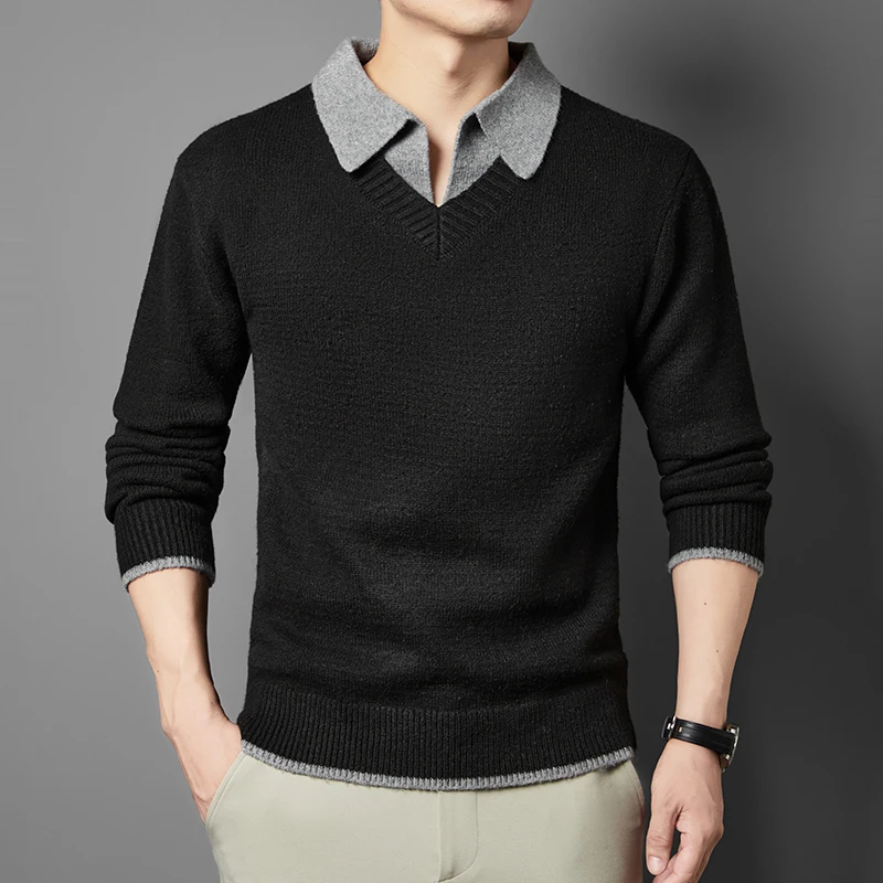 Original Brand Men's Contrast Color Lapel Fake Two-Piece Wool Knitwear Autumn Winter New Minimalist Soft Sweater Casual Menswear