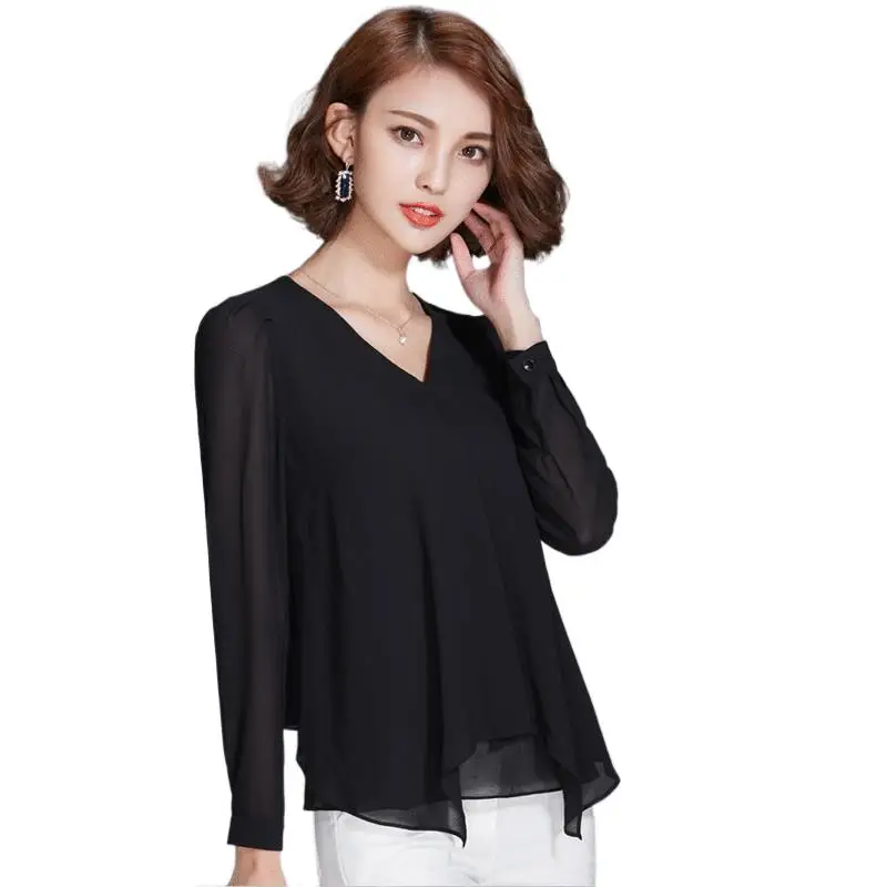 

New Spring Autumn Women Chiffon Blouse And Shirts Office Ladies Fshion Casual Solid V Neck Long Sleeve Tops