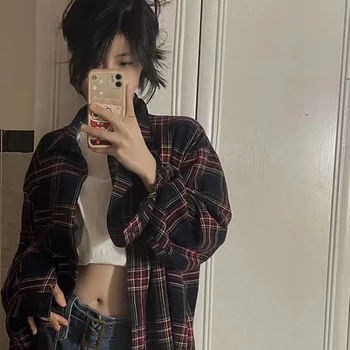 Camisas xadrez vintage femininas harajuku oversized manga longa blusas verão streetwear coreano único breasted solto casual topos novo