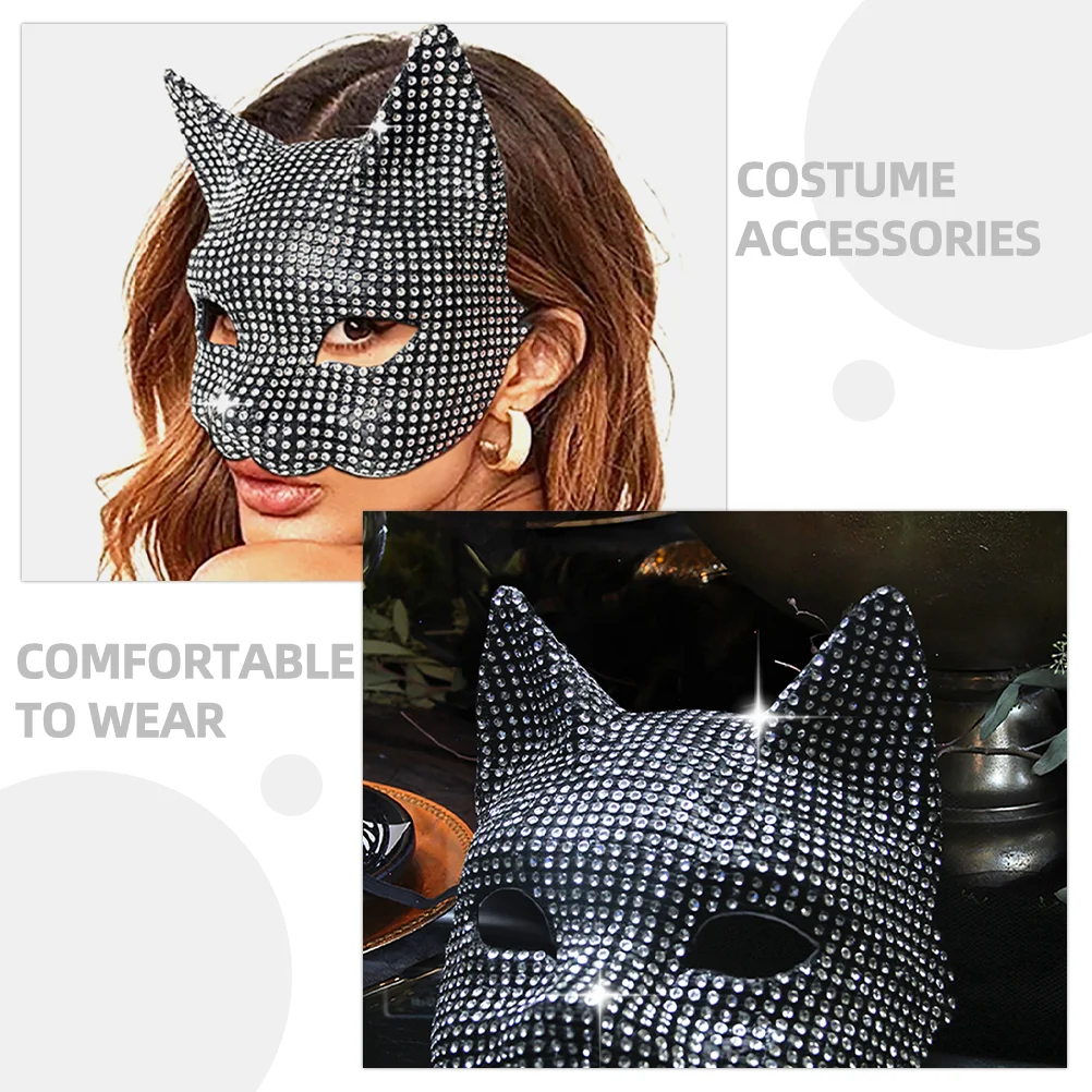 Rhinestone Cat Half Mask Black Lady for Women Blindfold Masquerade Outfit Decoration