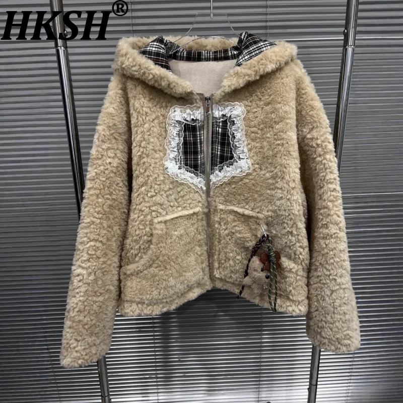 

HKSH 2025 Autumn Winter New Women's Warm Jacket Lace Plaid Patchwork Hooded Zipper Elegant Y2K Streetwear Ins Thick Coat HK15479