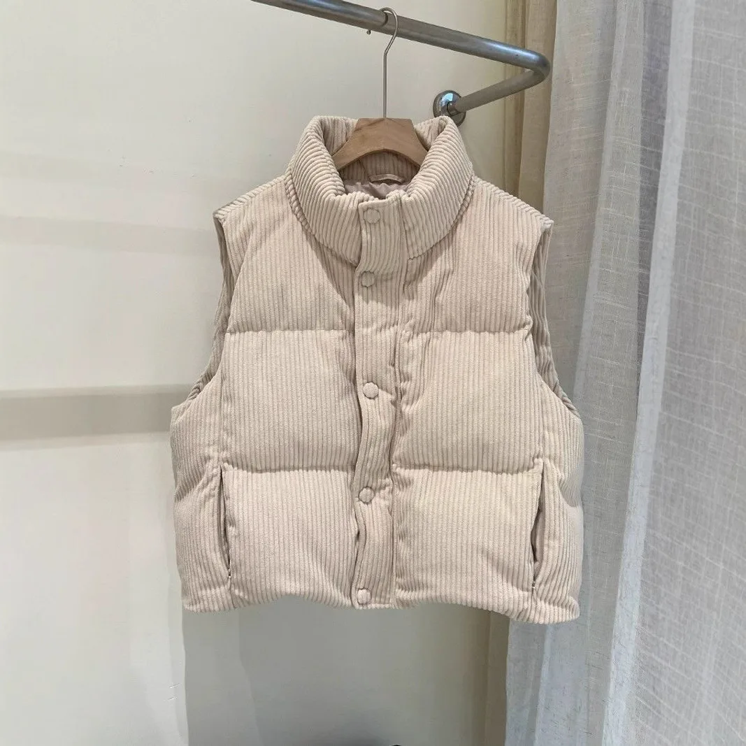 Corduroy Winter New Vest 2025 Fashionable Solid Color Stand Up Collar Loose Short Style with Cotton Camisole Shoulder External