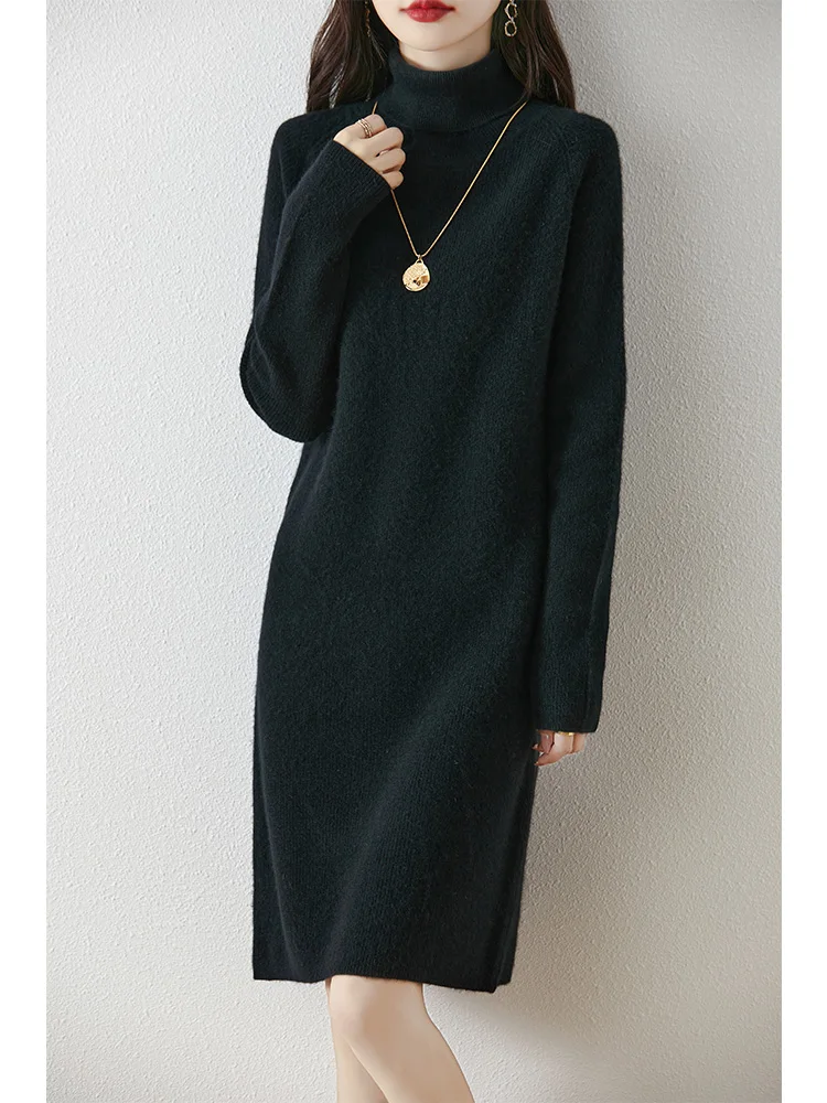 Women\'s Pure Wool Knitted Long Dress, High Collar, Loose, Thickened, Elegant, Casual, Fashionable, Sweater, 2024 Autumn/Winter