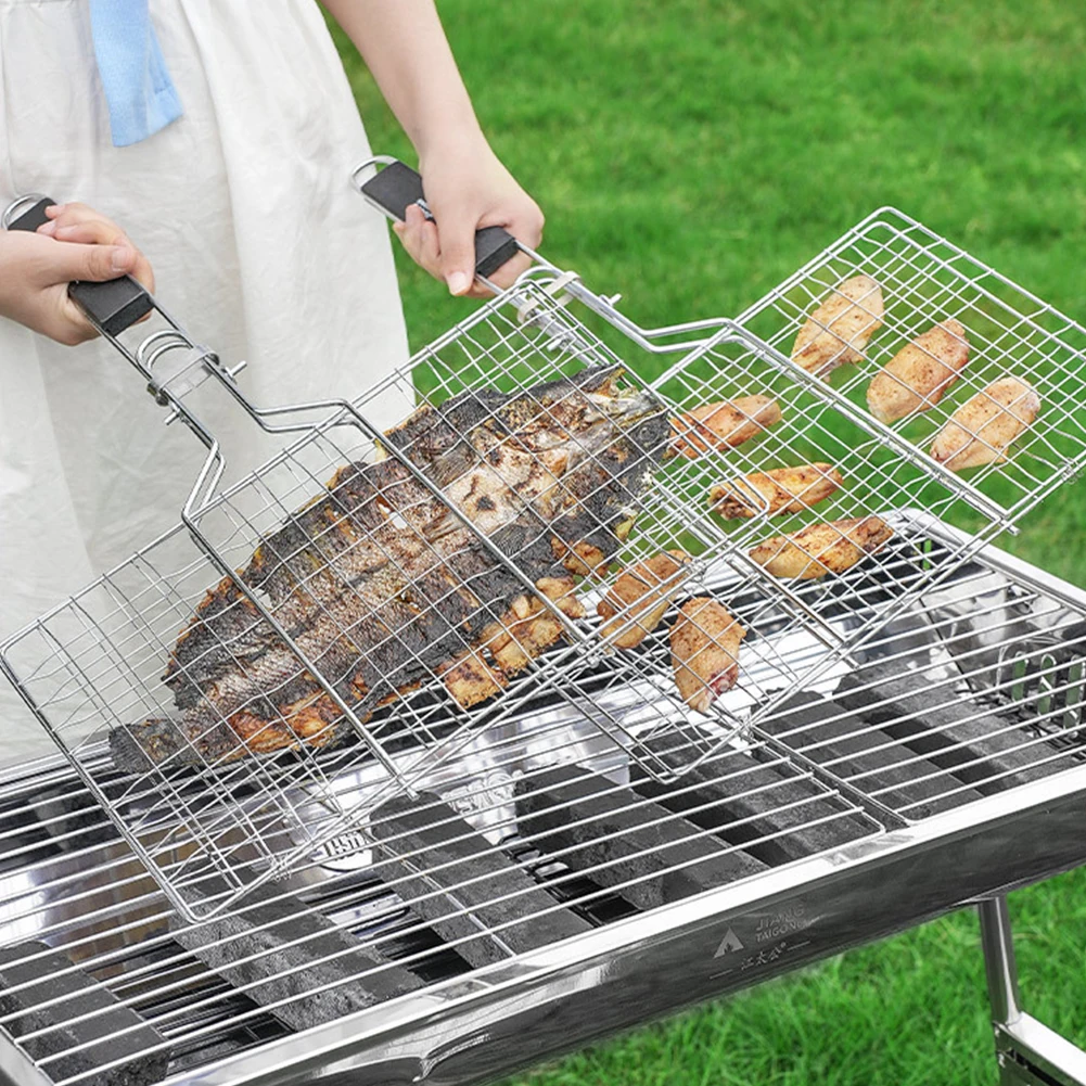 Parrilla portátil de acero inoxidable para barbacoa al aire libre, cesta para asar pescado, mango de madera, herramienta para barbacoa, cocina para Picnic y acampada