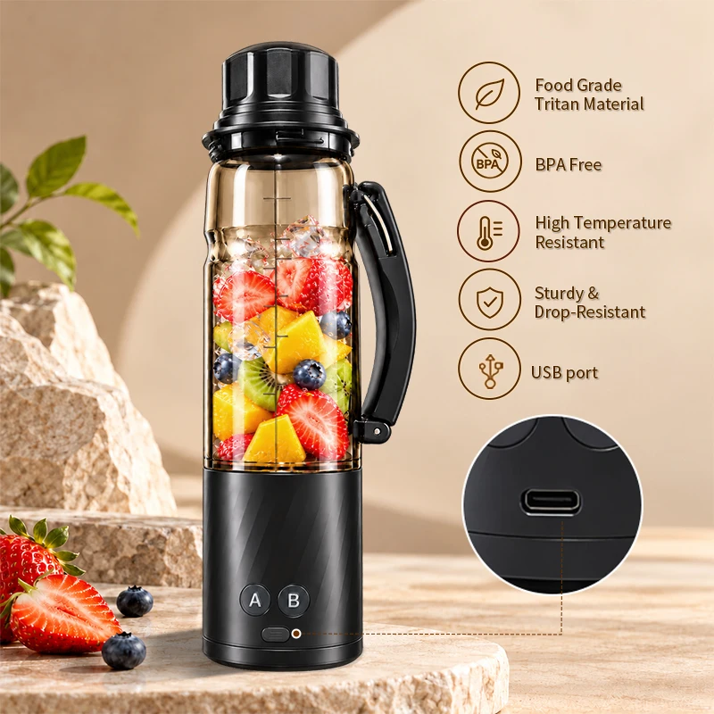 2IN1 Portable Juicer Blender 600ml USB Rechargeable Ice Crusher 6 Blade 304 Stainless Steel Dry Grinding Smoothie Maker