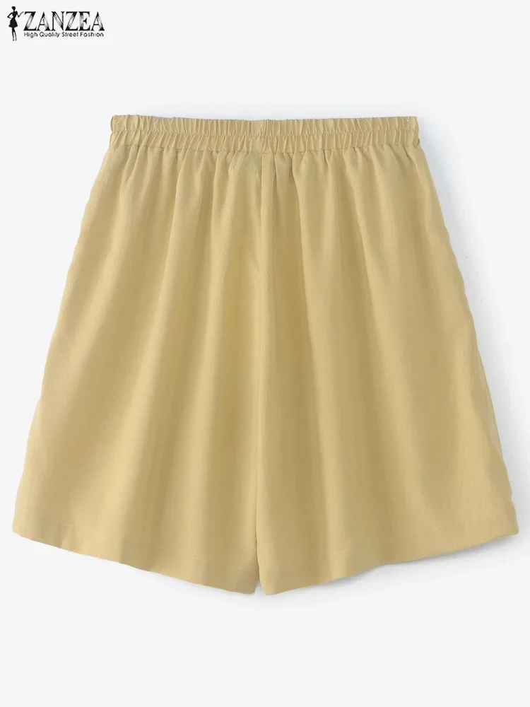 ZANZEA Sommer-Shorts mit weitem Bein, 2025, Damen-Hosen, elastische Taille, Pantalons, modische Taschen, lässig, einfarbig, Shorts, Röcke, Übergröße