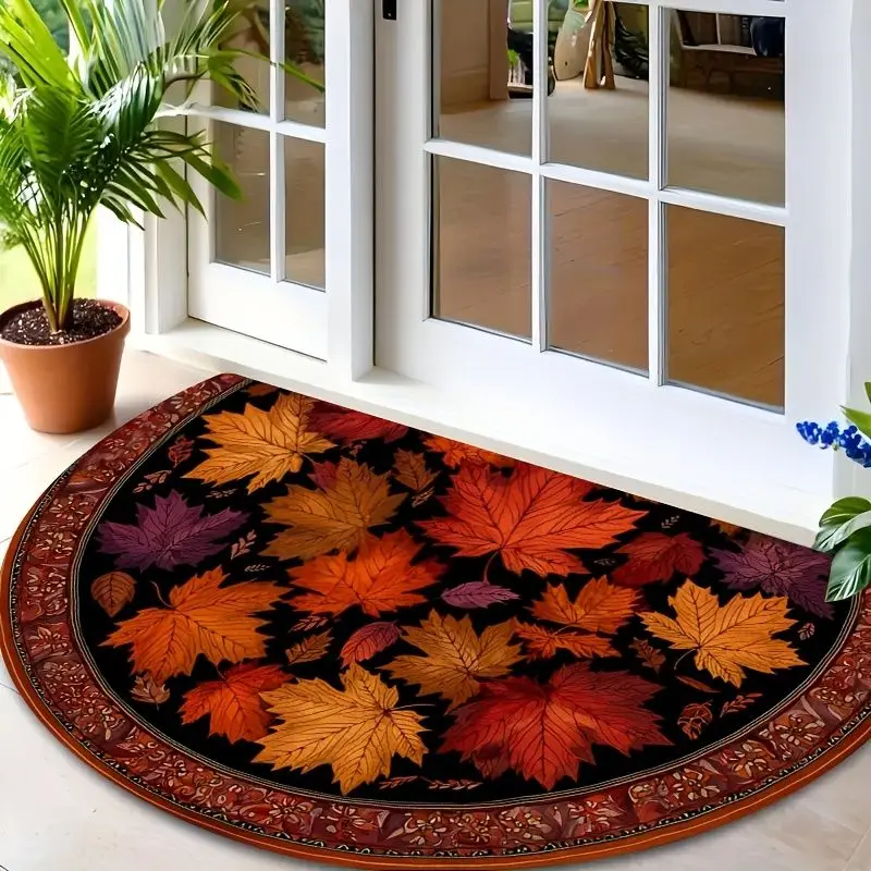 VIKAMA Fall Maple Leaf Semicircle Doormat Non Slip Dirt Trapping Floor Mat For Front Porch Entryway Thanksgiving Home Decor