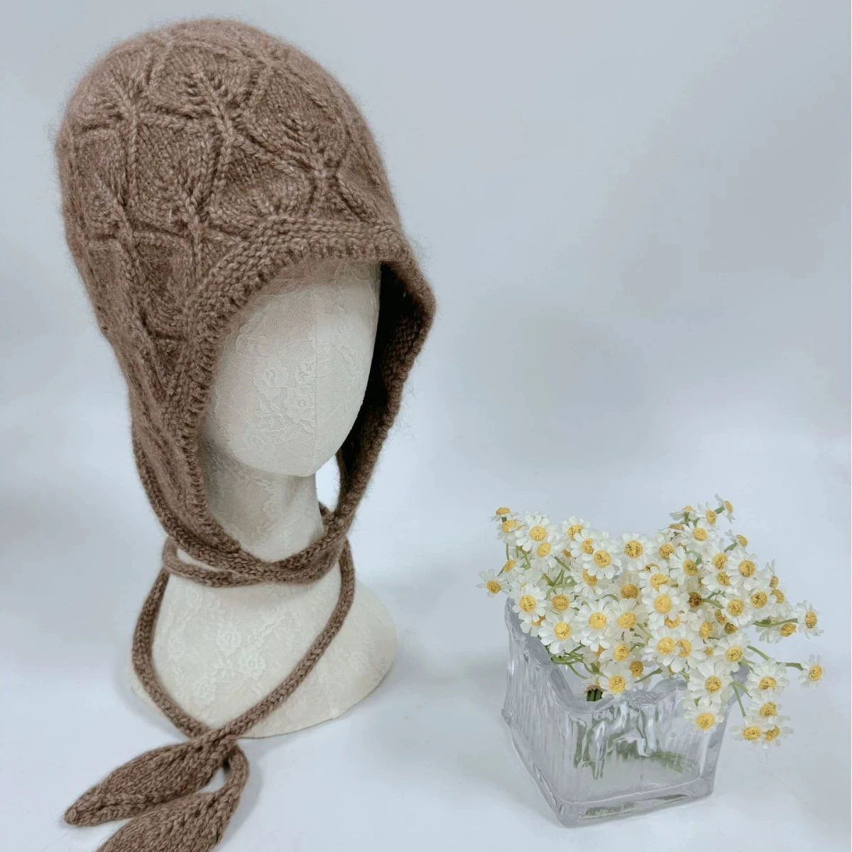 Knit Beanie Hat Women Wool Earflap Hat with Drawstring Winter Fall Slouch Head Wrap Cap Warm Flattering Fit Pull-over Hats