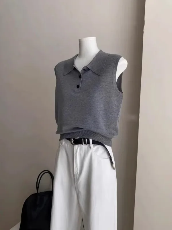 Ay Ice Silk irt Svel Gilet tricoté haut col rabattu été petite taille femme Faion mince col Henry T-s...