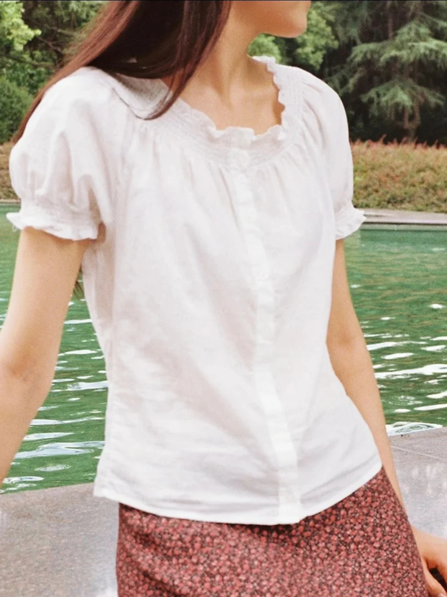 

White Cute Ruffles T-shirt Blouse For Woman New Elastic Slash Neck Single Breasted Tshirt Summer Preppy Style Sweet Tee Tops Y2k