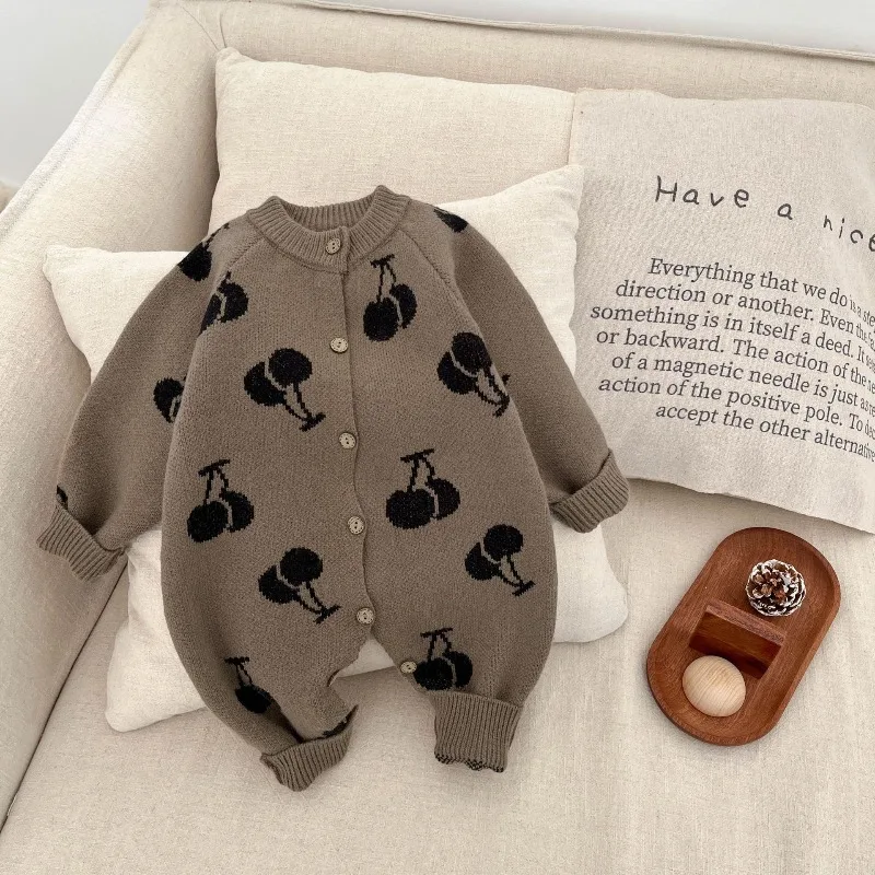New Autumn Baby Rompers 0-3T Cute Knitted Cherry Girls Single Breasted Jumpsuit Sweet Loose Infant Boys One Piece