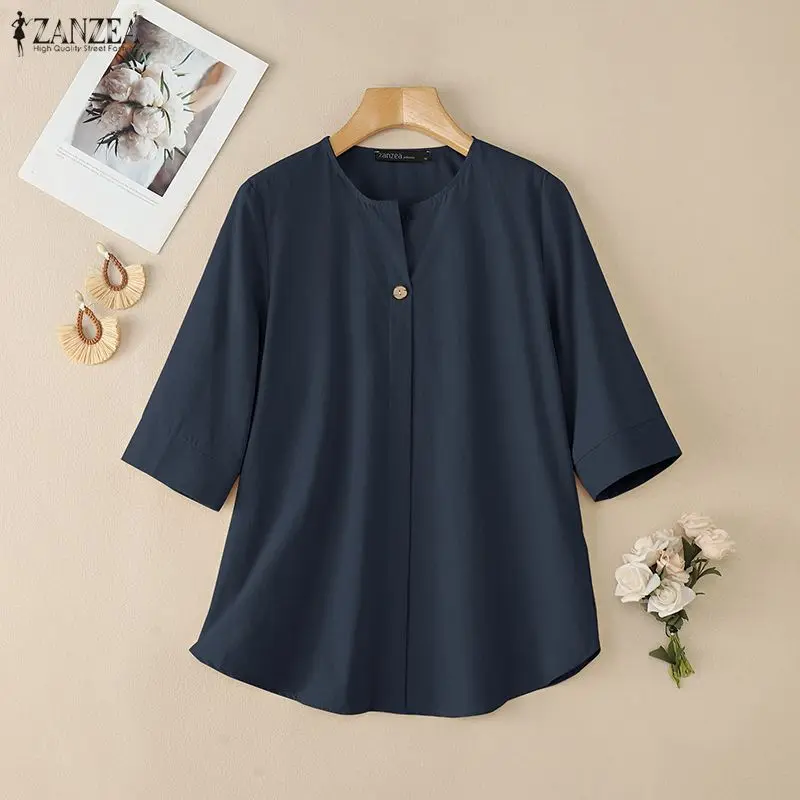 

ZANZEA женская летняя блузка с коротким рукавом винтажные хлопковые топы модная повседневная однотонная рубашка с круглым вырезом на пуговицах Blusas женские OL рабочие рубашки