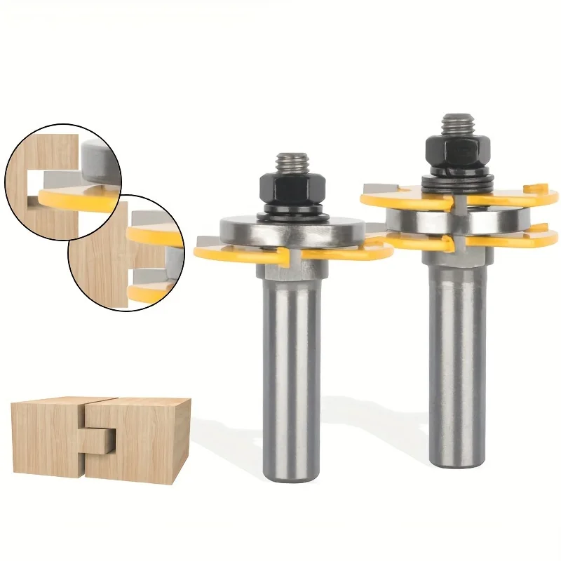 2 Pcs T-Type Three-Blade Doweling Router Bit Set, Woodworking Joint Cutters for Flooring and Panel Joining