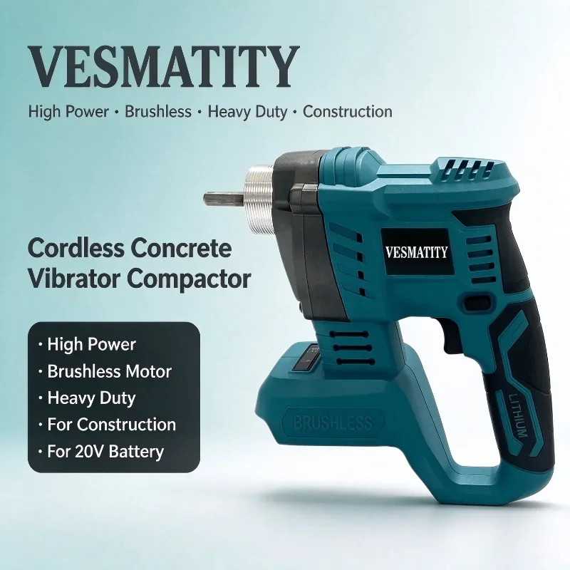 VESMATITY Cordless Concrete Vibrator Compactor Tool High Power Brushless Motor Heavy Duty for Construction for 20V Battery