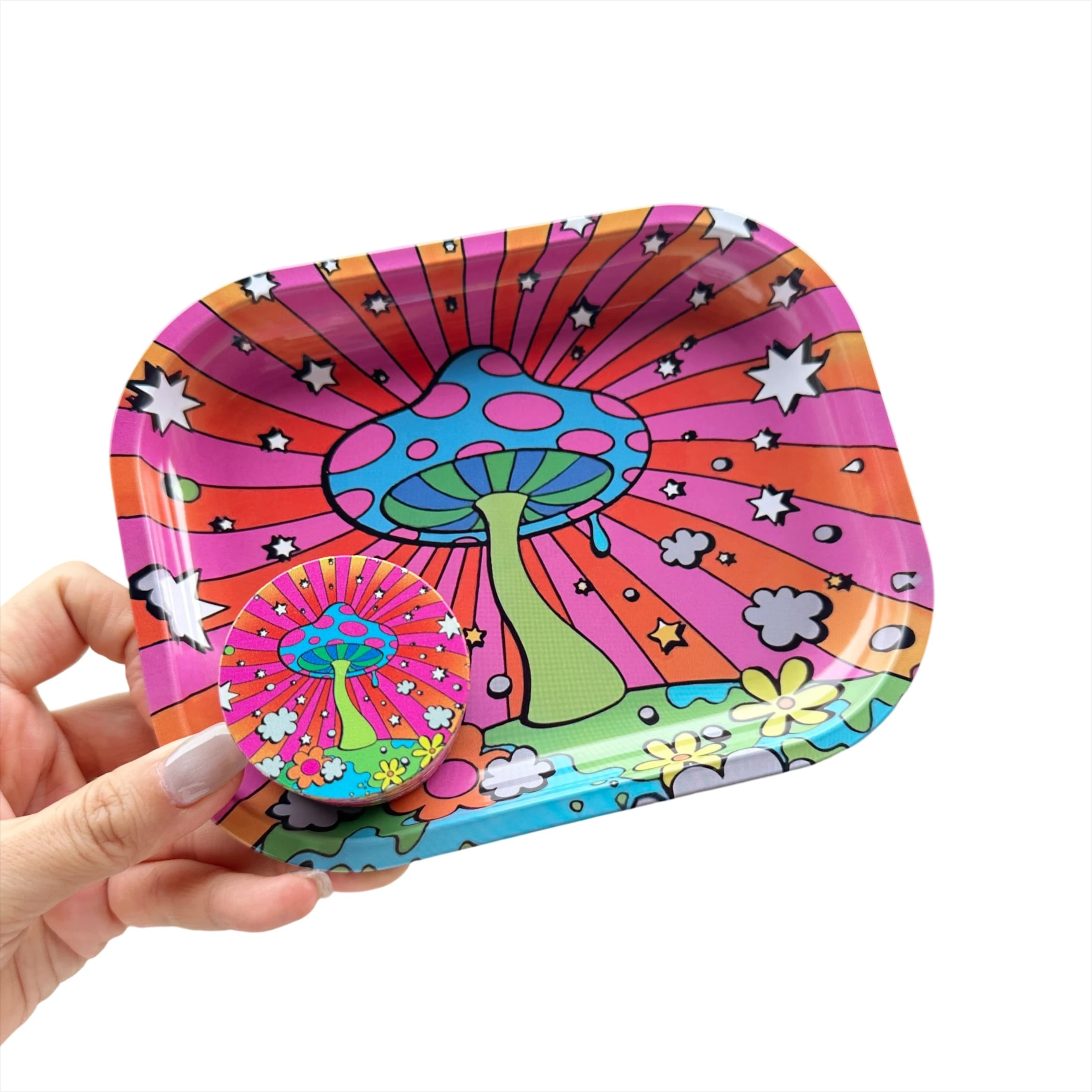 

2 Pieces Bright Colors Mushroom Metal Herb Grinder and Rolling Tray Combo