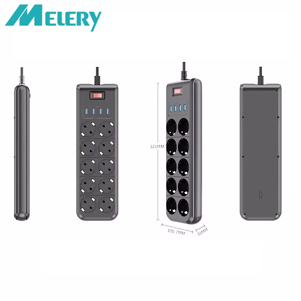 

10-контактный удлинитель Melery с вилкой европейского стандарта, розетка переменного тока, USB-порт для зарядки, удлинитель 2 м для компьютерных ТВ, смартфонов, приборов