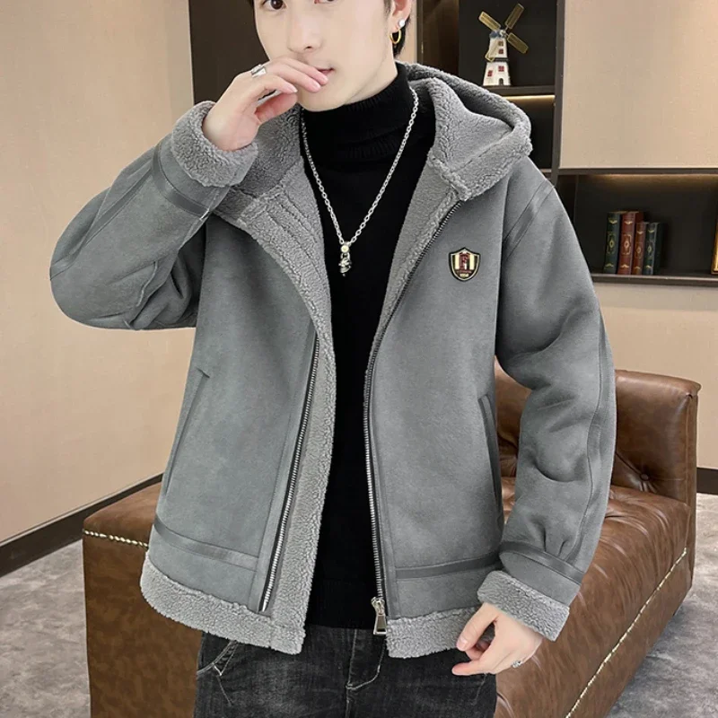 2022 Winter Fur Leather Jacket Men Hooded Lamb Wool Motorcycle Jacket Thick Warm Casual Streetwear Social Coat Men Clothing