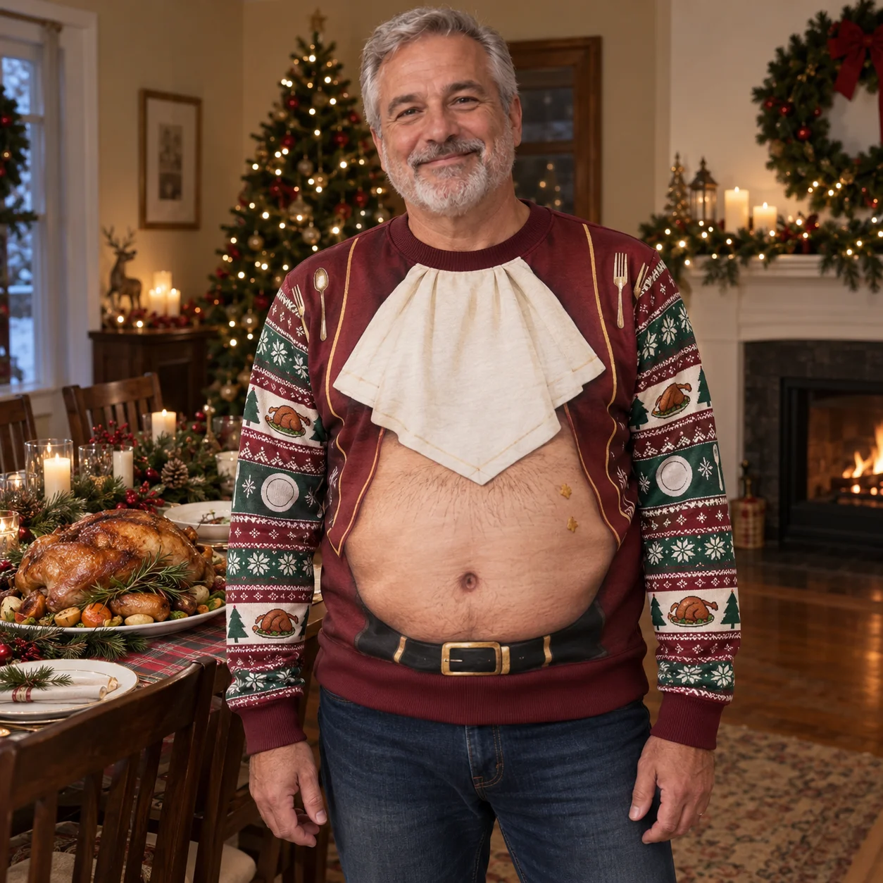 Weihnachts-Dinner-Bauch-Design, hässlicher Weihnachtspullover für Herren, 3D-Druck, Polyester, Rundhals-Sweatshirt, lustiger Pullover für Feiertagspartys. – Detail 5