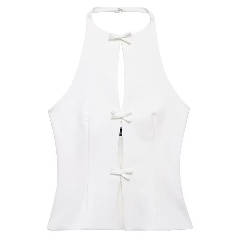 HXAO 2024 Women Fashion Bow Solid Halter Tops Women Hollow Out Sleeveless Backless Tank Top Summer 2024 Elegant Vest Office Lady