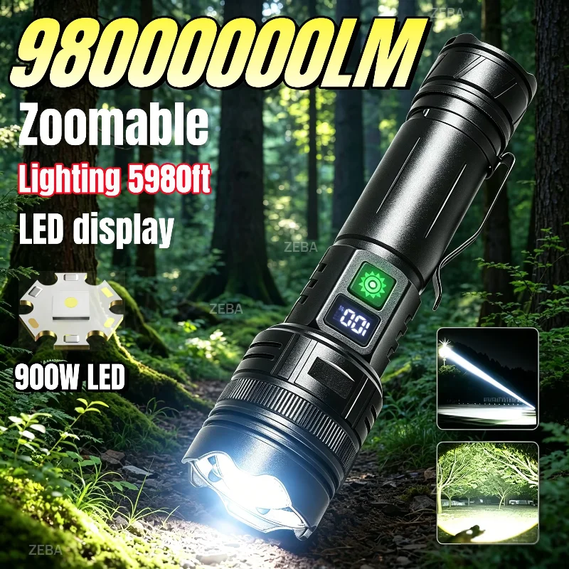 98000000LM Ultra Powerful 900W LED Flashlight Super Bright Type-C Rechargeable Portable Ultra Power Torch For Camping Fishing