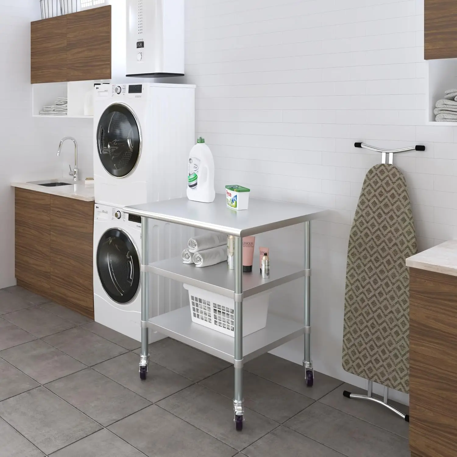 OOD-Table de Travail en Acier Inoxydable, avec 2 Étagères et Roulettes, Utilitaire en Métal sur Roues