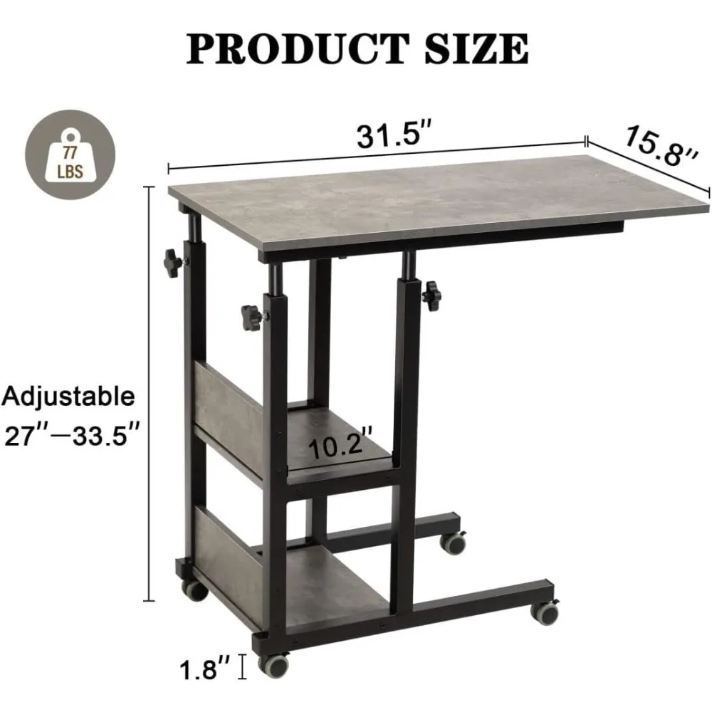 C Shaped Side Table Adjustable, Height Adjustable C Table with Wheels and Storage Shelves for Couch