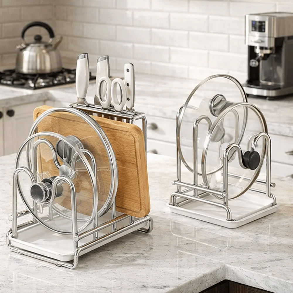 

Multi-layer Pot Lid Rack Rustproof Stainless Steel Cutting Board Holder with Drainage Tray Space Saving Pot Cover Shelf Cabinet