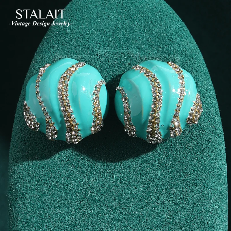 

Vintage Enamel Shell Blue Earrings Studs Rhinestones Jewelry Round Gold Color Luxury Designer Antique Woman Accessories
