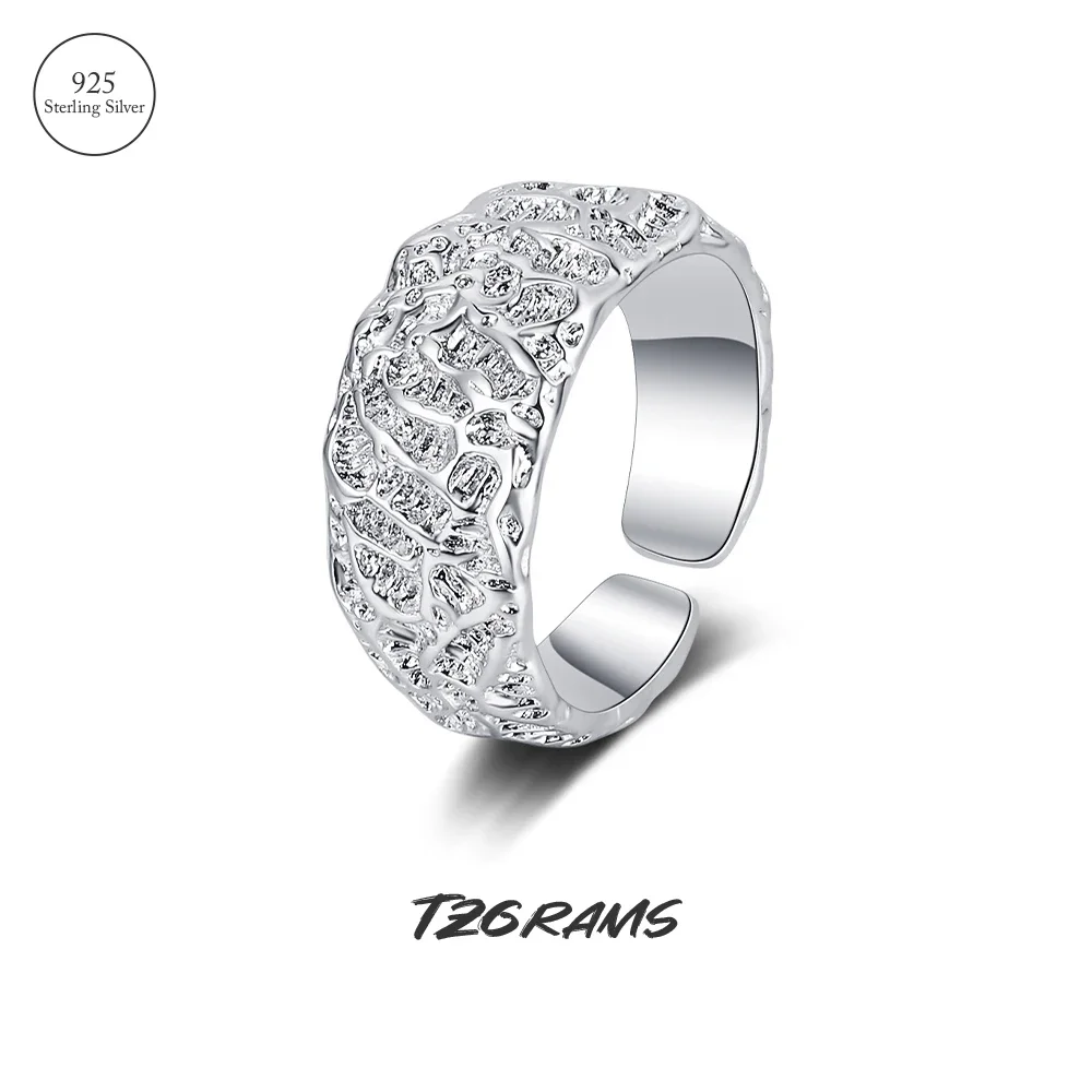 

925 Sterling Silver Open Ring for Women Irregular Lava Textured Adjustable Ring Wedding Party Jewelry Accessories