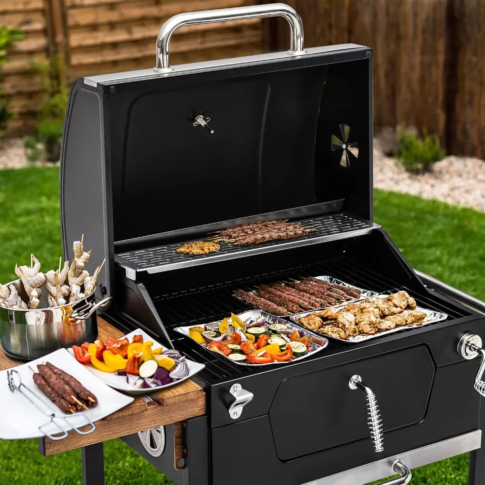 24-Inch Charcoal Grill, BBQ Smoker with Handle and Folding Table, Perfect for Outdoor Patio, Garden and Backyard Grilling