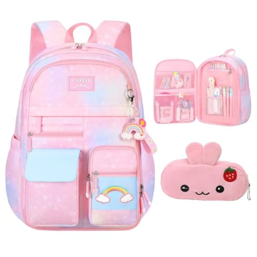 Mochila rosa Kawaii, mochila con diseño de arcoíris estrellado, mochila bonita de gran capacidad, mochila multifunción informal de moda para ordenador portátil, bolsa de viaje para niñas