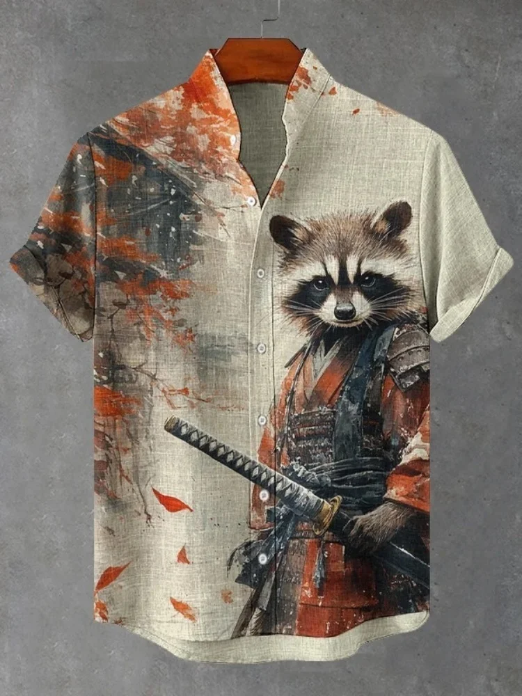 

Japanese Meme Style Shirts Men's Raccoon Warrior Watercolor Art Printed Casual Shirt Fashion Short Sleeve Stand Collar Chic Tops