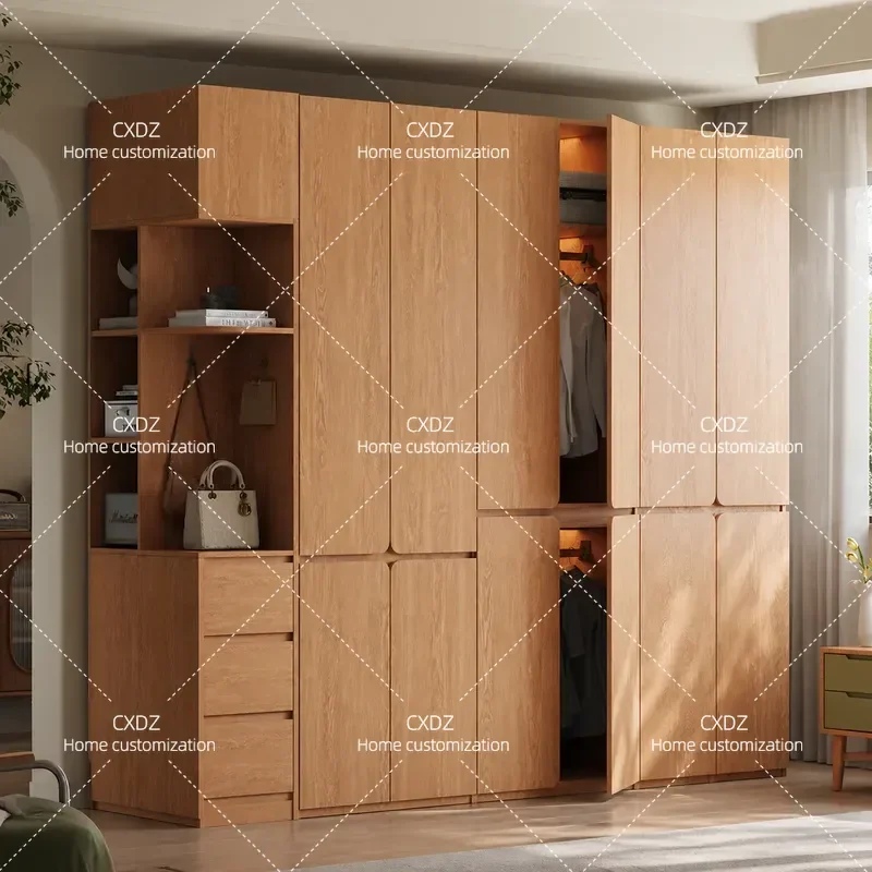 Log Color Oak Wardrobe Bedroom Segmented Assembly Cabinet Simple Style All Solid Wood Free Handle Storage Finished Wardrobe