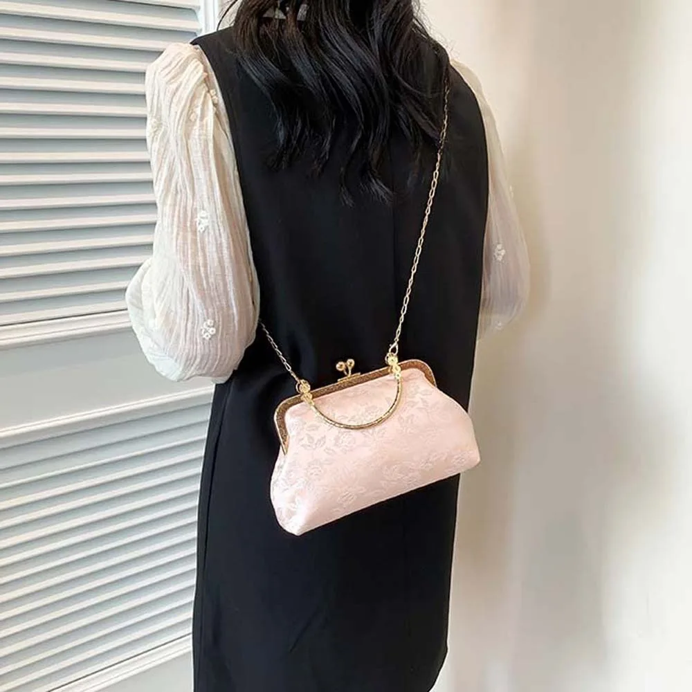

Clasp Frame Embroidery Chinese Style Handbag Luxury Purse Print Chain Shoulder Pouch Polyester Nylon Ladies Clutch Bag Women