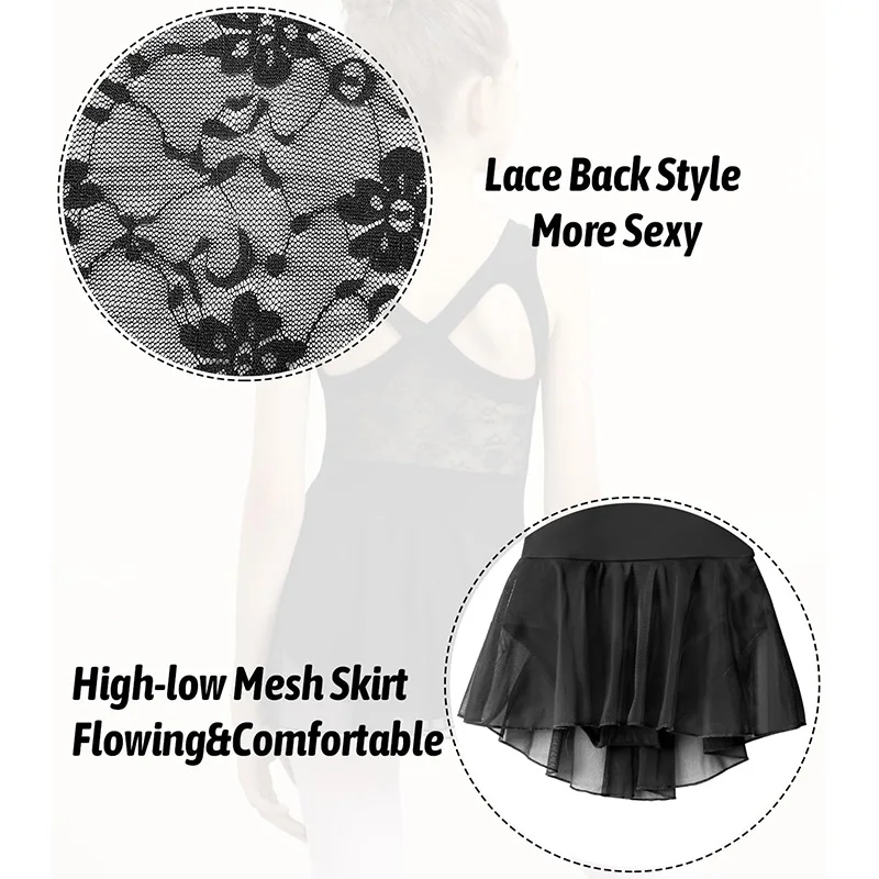 女の子ノースリーブキャミソールドレスバレエダンスレオタード女の子用体操タンクトップスカート中空レースバックダンスレオタード