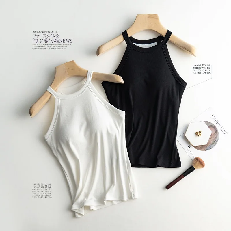 Basic Solid T shirts Women Slim Halter Neck Off-shoulder Camisole Tops Tees Summer Female Tanks Sleeveless With Chest Pad