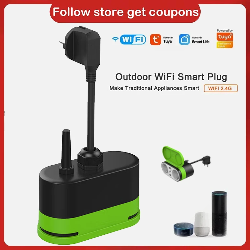 

Tuya EU 16A WiFi Smart Outdoor Plug IP44 Waterproof Double Socket with Smart Life App & Voice Control for Alexa/Google Home