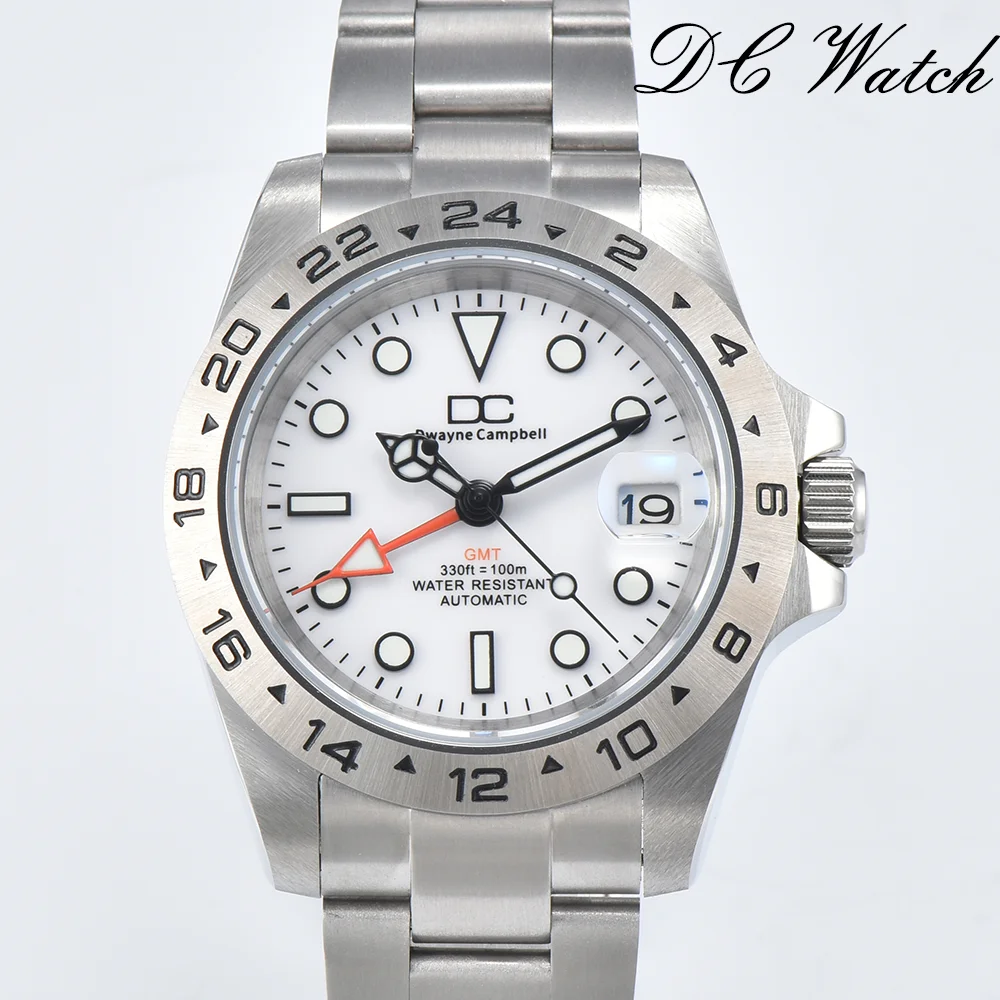 Dwayne Campbell GMT NH34 Automatic Movement Watch Waterproof Dome Sapphire Crystal 24 Hours Bezel Silver Luxury