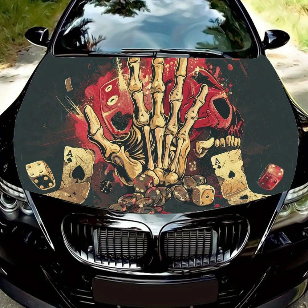不気味なスケルトンポーカー車のボンネットビニールラップステッカー、車のエンジンデカール、防水自己粘着車の包装カバー、ユニバーサル-ca