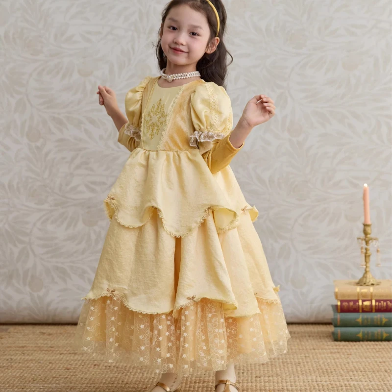 Ins Girls' Court Style Wedding Party Princess Dress Belle Princess Embroidered Velvet Birthday Dress Kids Boutique Clothes