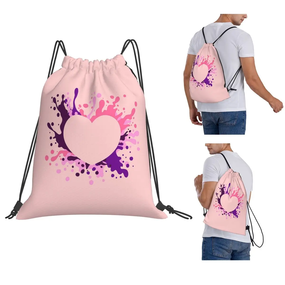 Heart Paint Splash Silhouette Purple And Pink Backpacks Portable Drawstring Bags Sports Bag Book Bags for Man Woman School