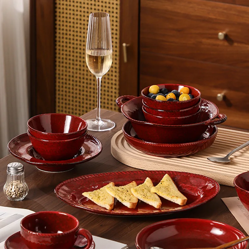 Kiln Change Red Household Ceramic  Chaozhou Kiln Change Glaze Tableware Set Ramen Bowl Soup Bowl Rice Bowl Salad