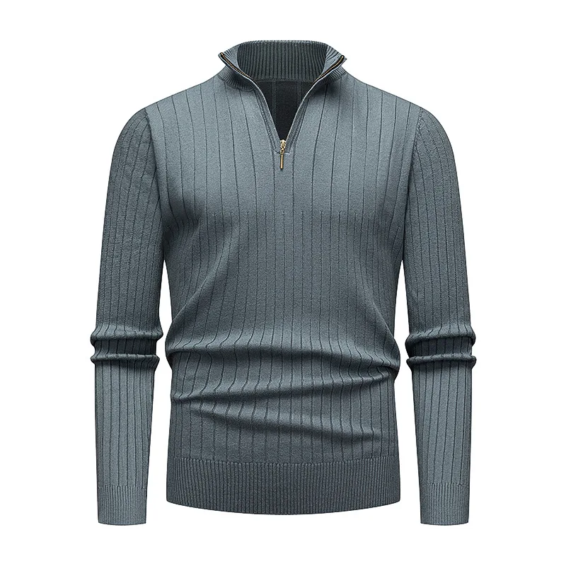 Autumn and Winter Men's Sweater Half Zipper Stand Collar European and American Solid Color Fashion Vertical Striped