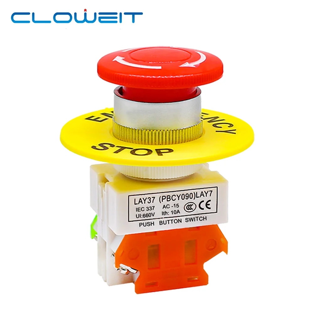 

Red Mushroom Cap 1NO 1NC DPST Emergency Stop Push Button Switch AC 660V 10A Switch Equipment Lift Elevator Latching Self Lock