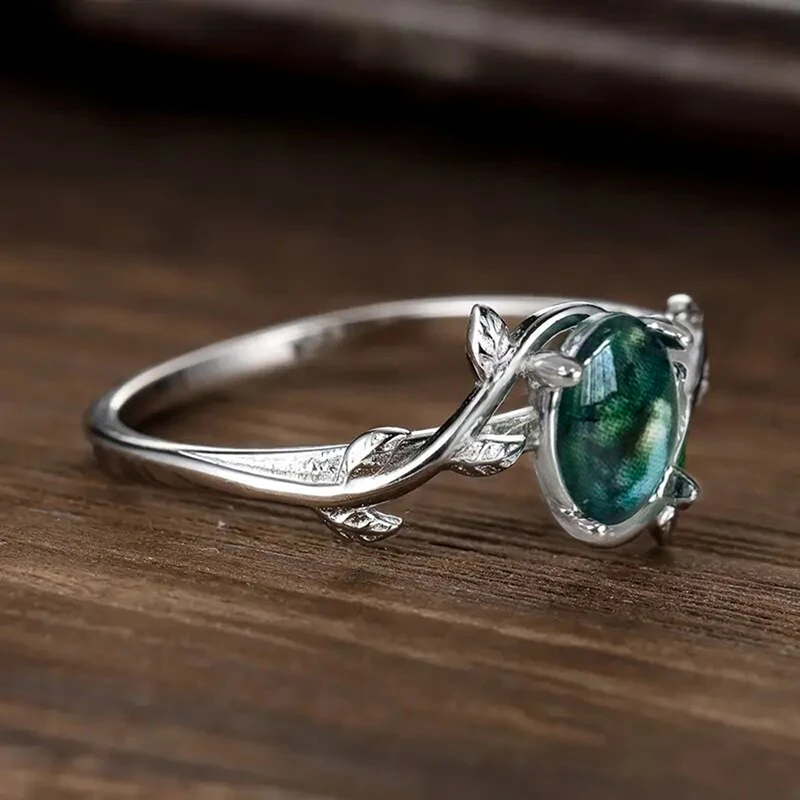 Huitan Vintage Green Moss Pattern Oval Printed Ring Twisted Leaf Vine Band Rings for Women Elegant Forest Daily Party Jewelry