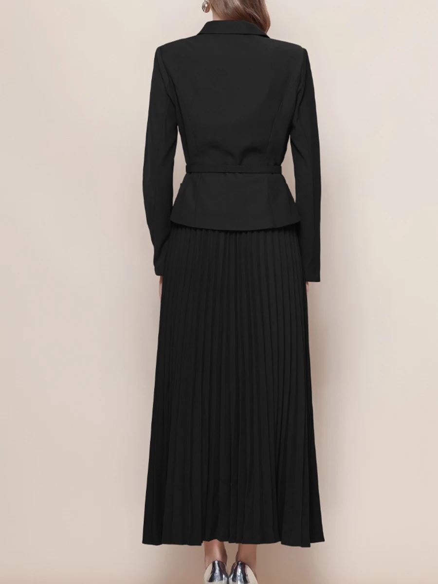 Vgh emagrecimento sólido conjuntos de duas peças para mulheres com decote em v manga longa superior cintura alta saia drapeada casual conjunto de viagem moda feminina nova