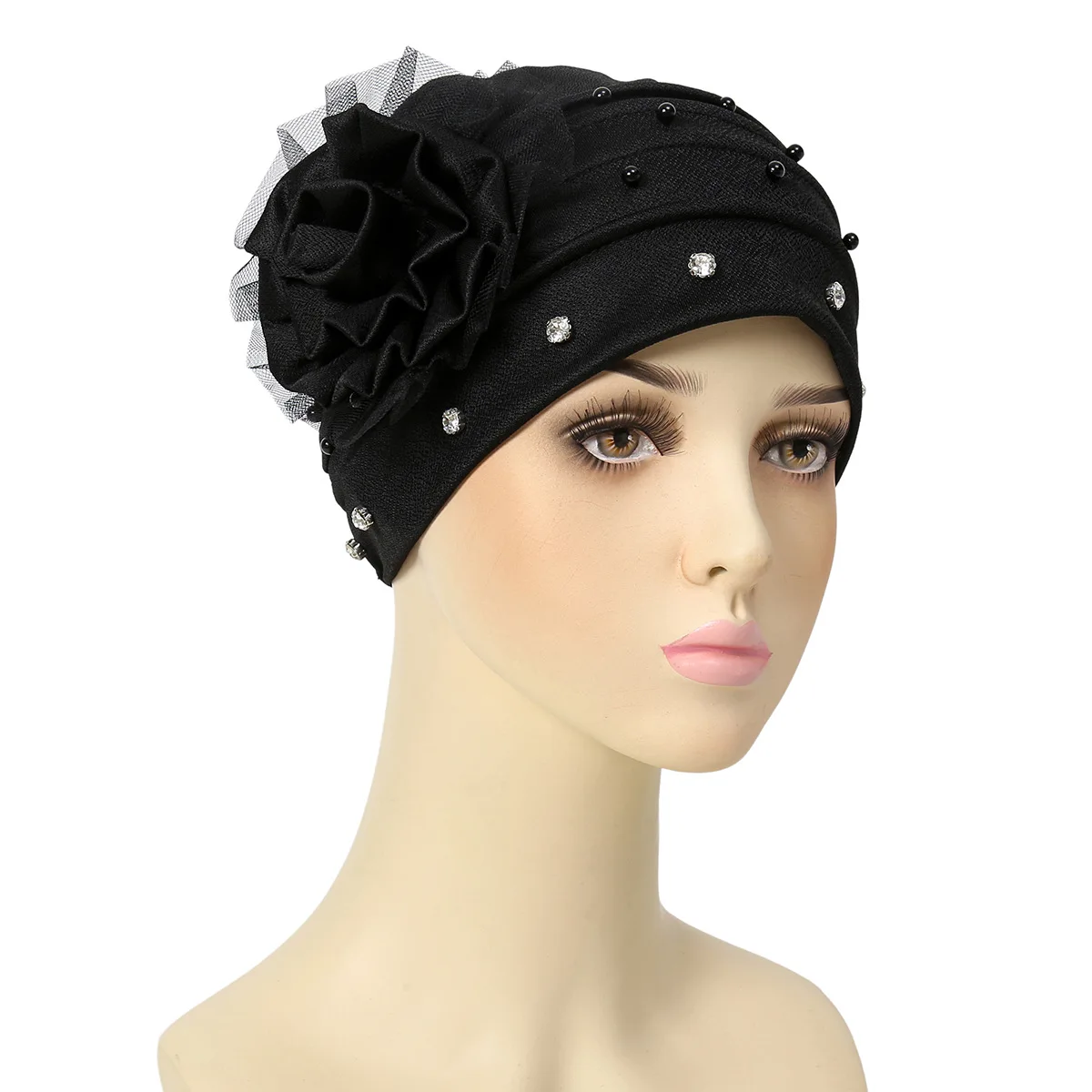 Flowers Muslim Hijab Cap With Drill Mesh Yarn Women Hat Hair Bonnet Head Scarf Wrap Turban Hat For Women Ladies