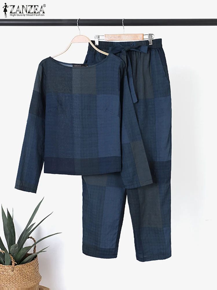 ZANZEA Long Sleeve Blouse Casual Trousers Suits Tracksuit 2PCS Summer Female Matching Sets Vintage Plaid Checked Pants Suit 2023